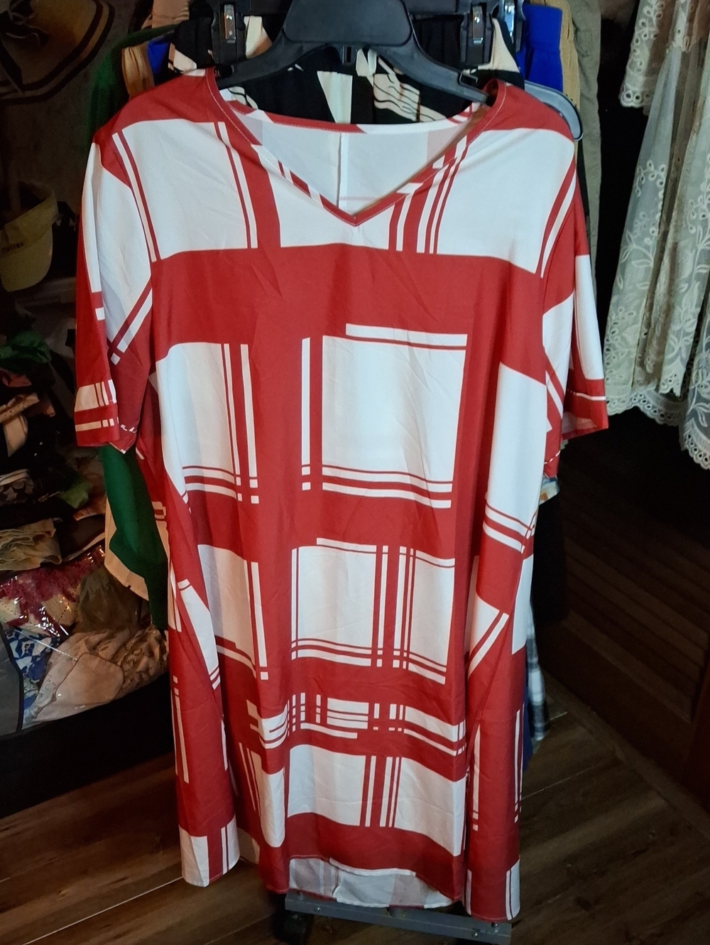 Red White Plaid V-Neck Sheath Dress 2XL Preloved